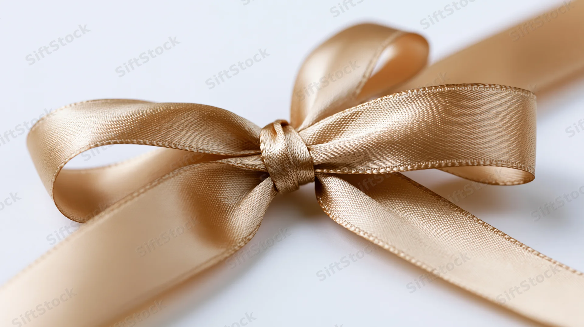 Gold satin ribbon tied in a decorative bow diagonally across a white surface