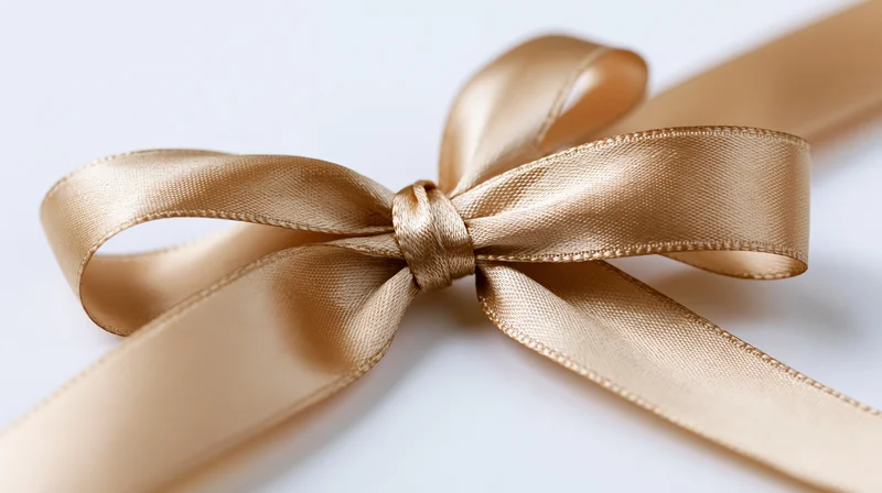Gold satin ribbon tied in a decorative bow diagonally across a white surface