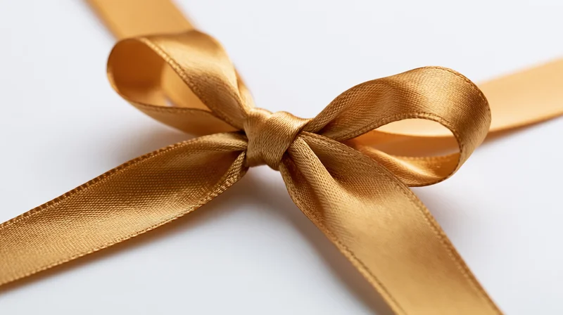 Gold satin ribbon tied in a decorative bow on white background