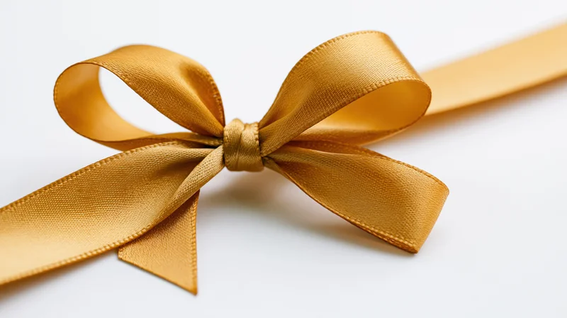 Gold satin ribbon tied in a decorative bow on white background