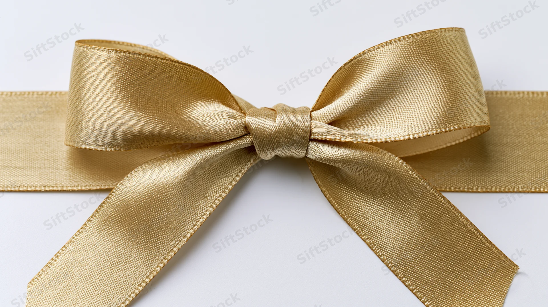 Gold satin ribbon tied in symmetrical bow centered on white background