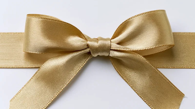 Gold satin ribbon tied in symmetrical bow centered on white background
