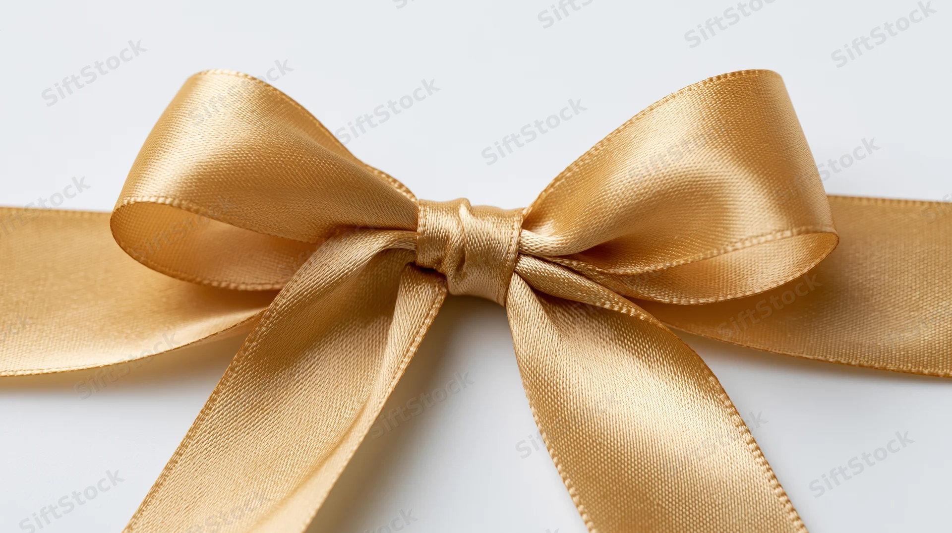 Gold satin ribbon tied in symmetrical bow centered on white background