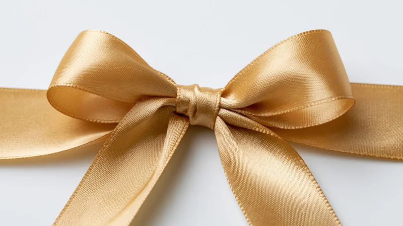Gold satin ribbon tied in symmetrical bow centered on white background