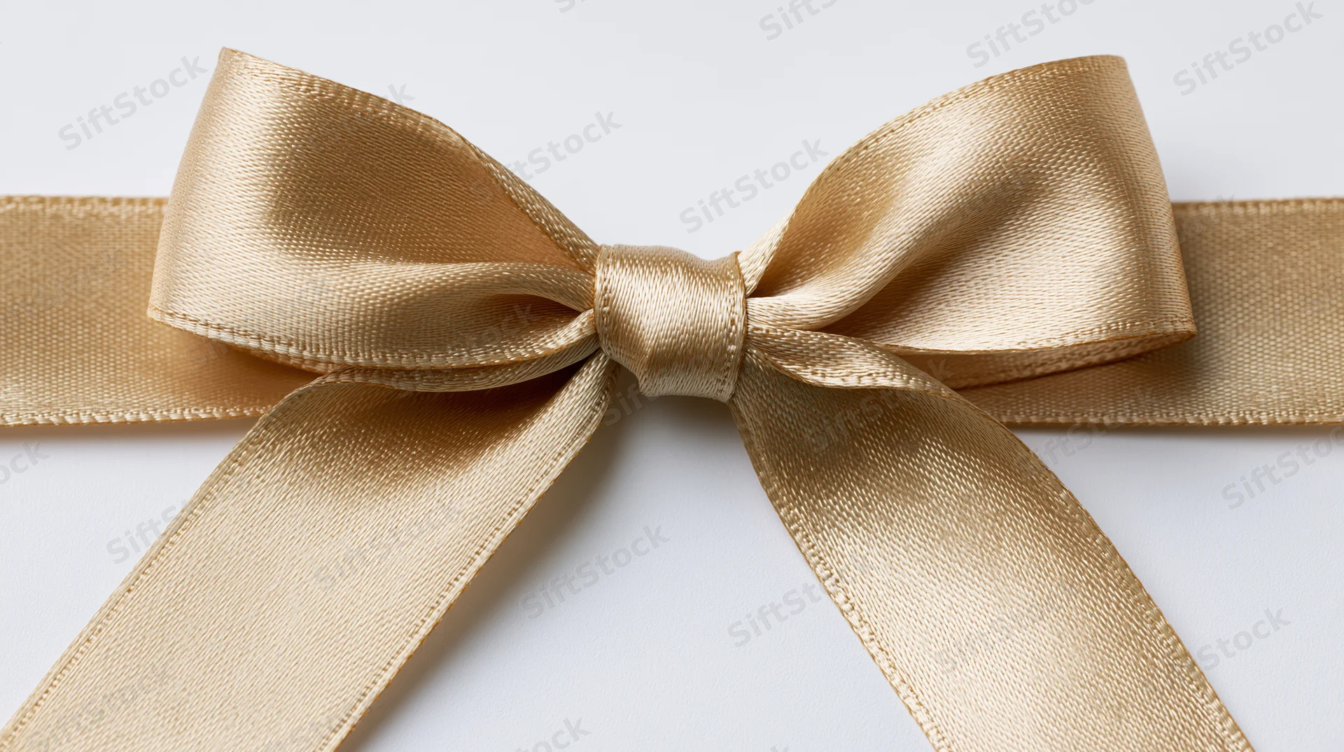 Gold satin ribbon tied in symmetrical bow centered on white background