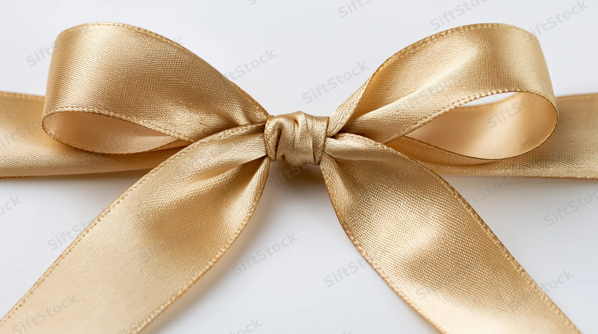 Gold satin ribbon tied in symmetrical bow centered on white background