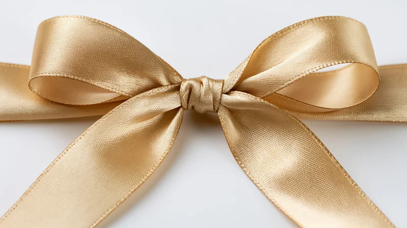 Gold satin ribbon tied in symmetrical bow centered on white background