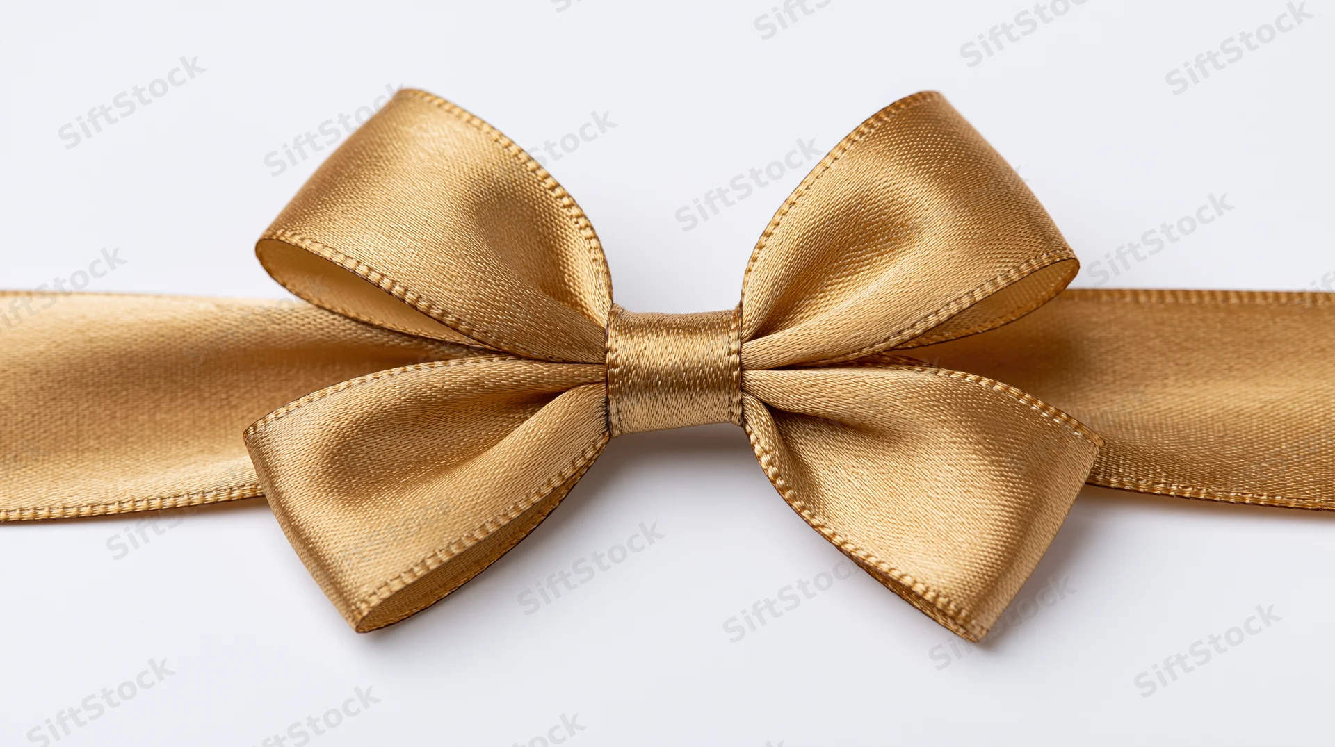 Gold satin ribbon tied into a decorative bow centered on a white background