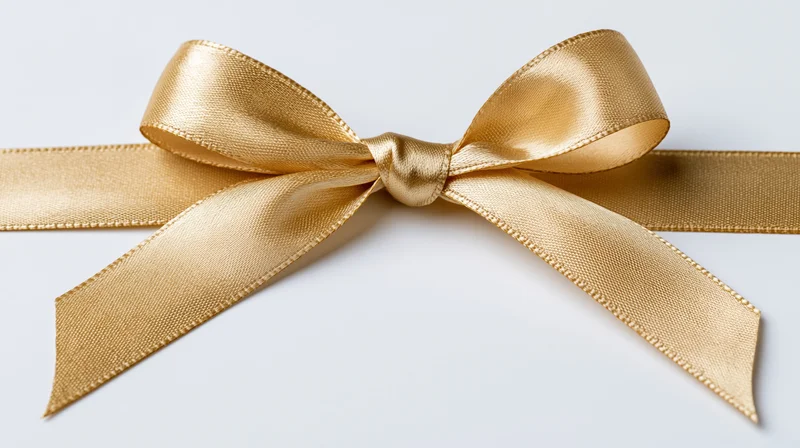 Gold satin ribbon tied into a decorative bow centered on a white background