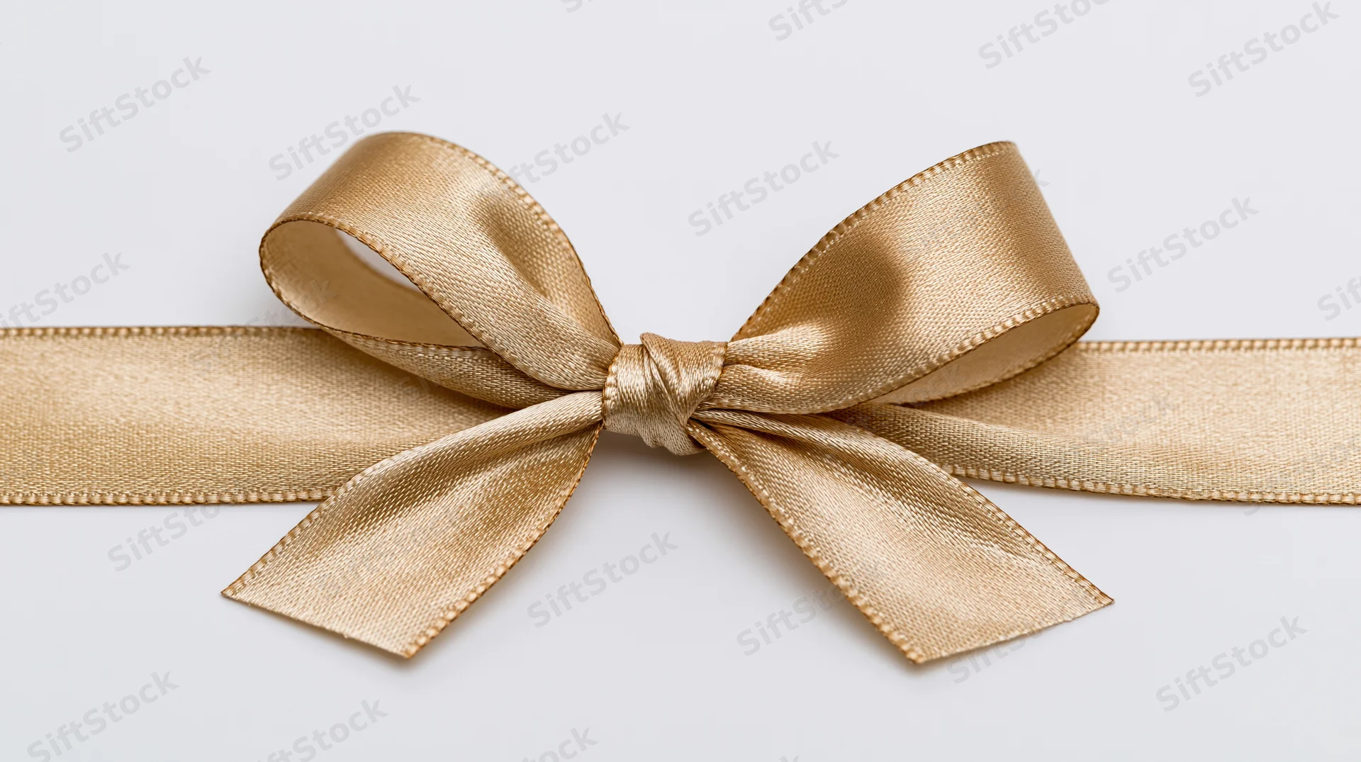 Gold satin ribbon tied into a decorative bow centered on a white background