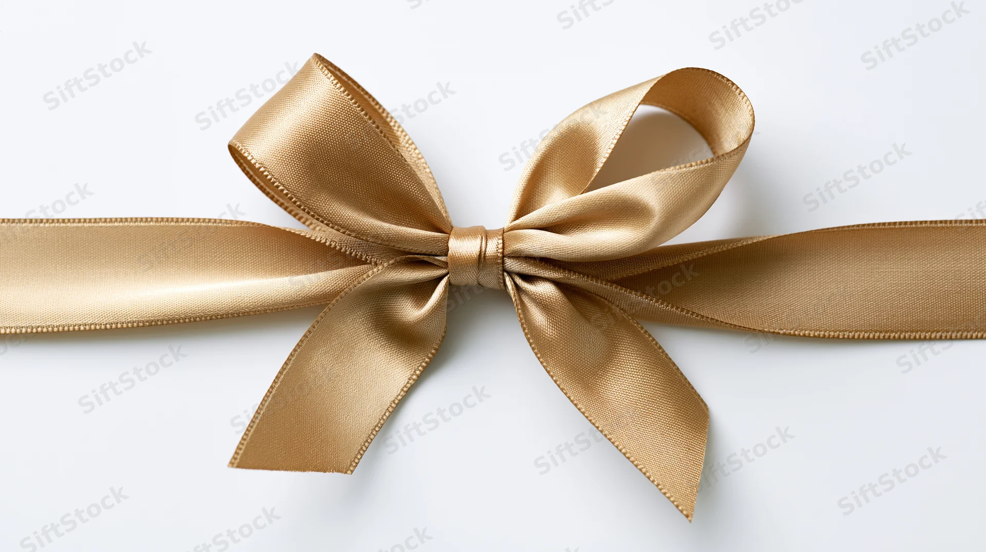 Gold satin ribbon tied into a decorative bow centered horizontally on white background