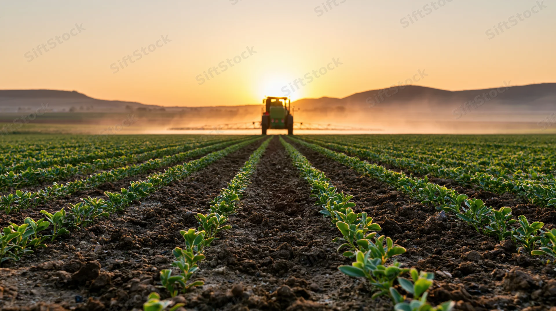 Green tractor spraying crops in a field at sunset