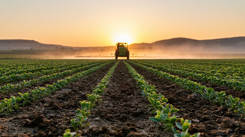 Green tractor spraying crops in a field at sunset