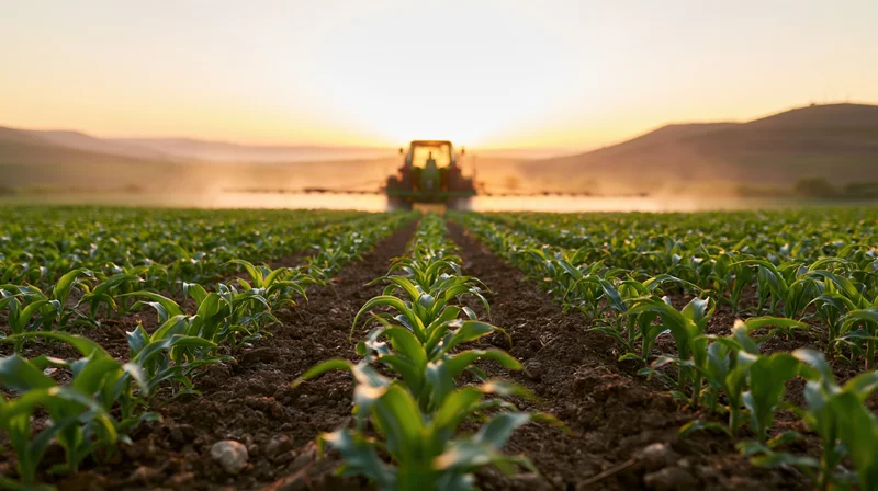 Tractor spraying crops in a field at sunset