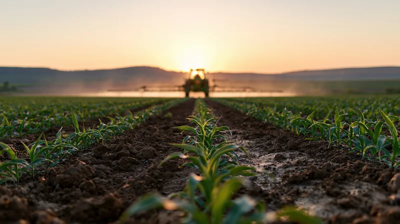 Green tractor spraying crops in a cornfield at sunset