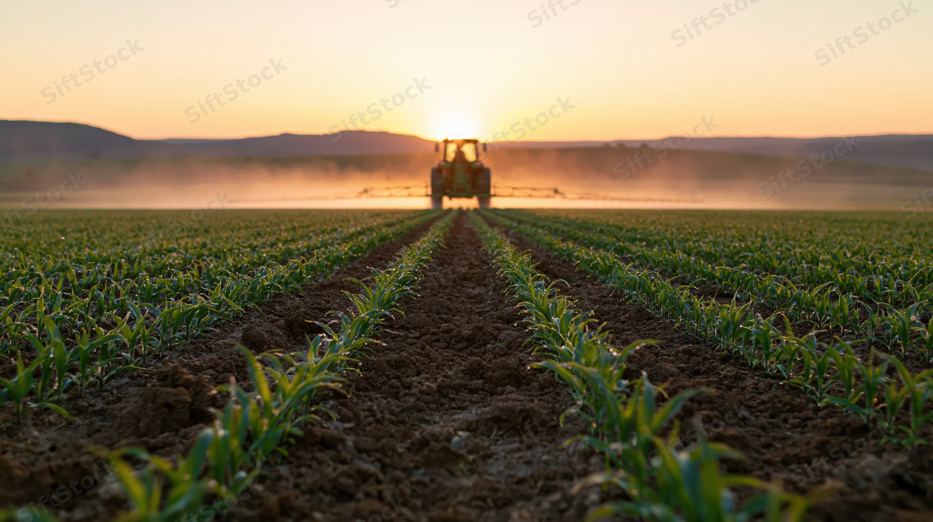 Tractor spraying crops in a field at sunset