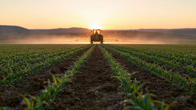 Tractor spraying crops in a field at sunset