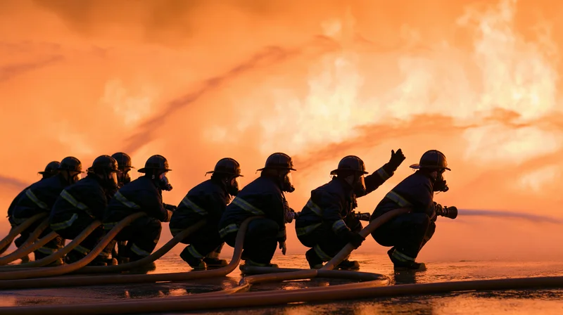 Firefighters in full turnout gear crouching in line with hoses during a training drill at sunset