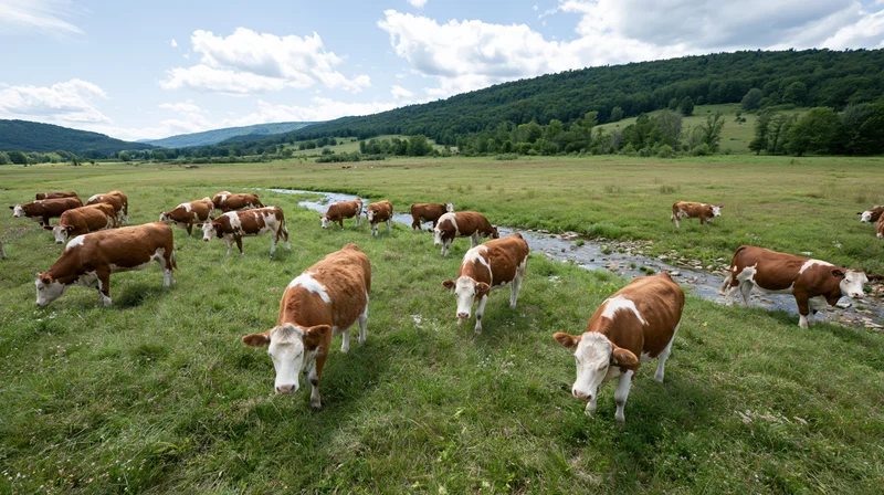 Herd of brown and white cattle grazing in a wide green pasture beside a stream under a partly cloudy sky