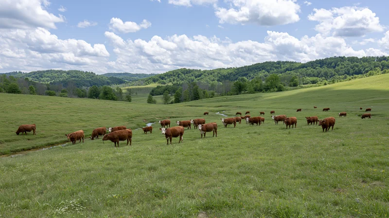 Herd of brown and white cattle grazing across a wide open green pasture under a blue sky with clouds