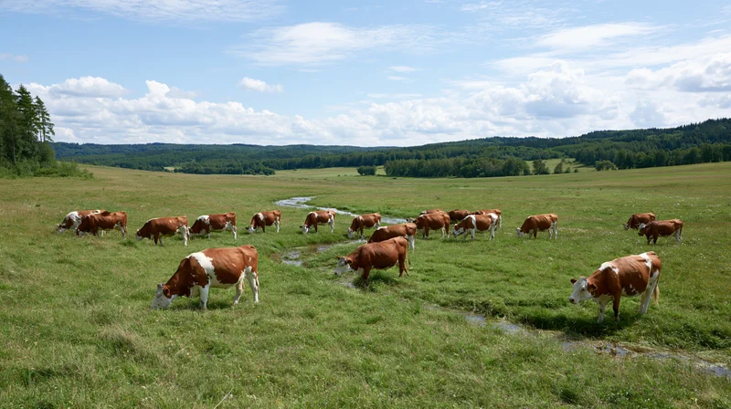 Herd of brown and white cattle grazing in a wide open pasture with a small stream under a blue sky with clouds