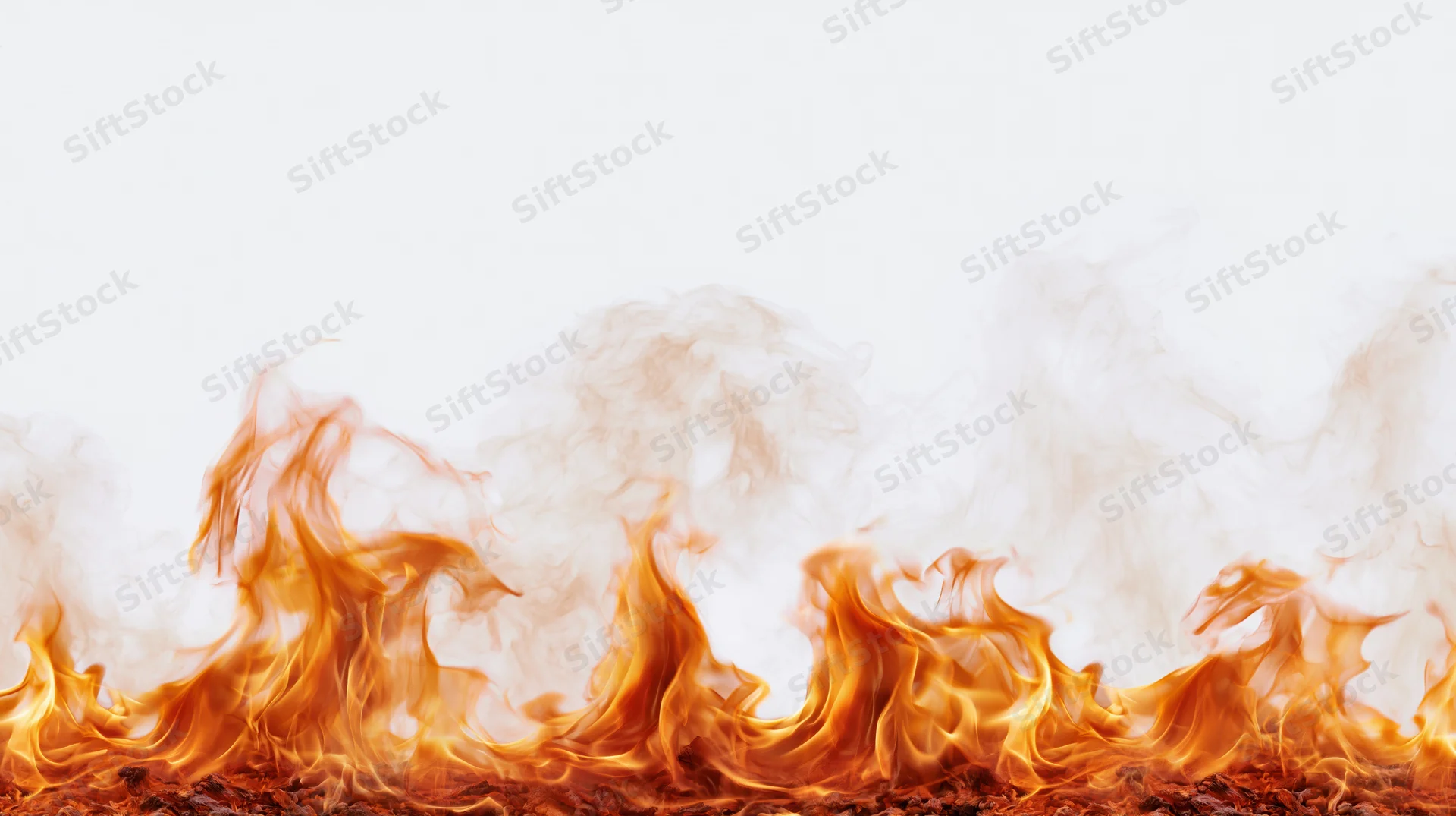 Horizontal band of fire and smoke along the bottom against white background