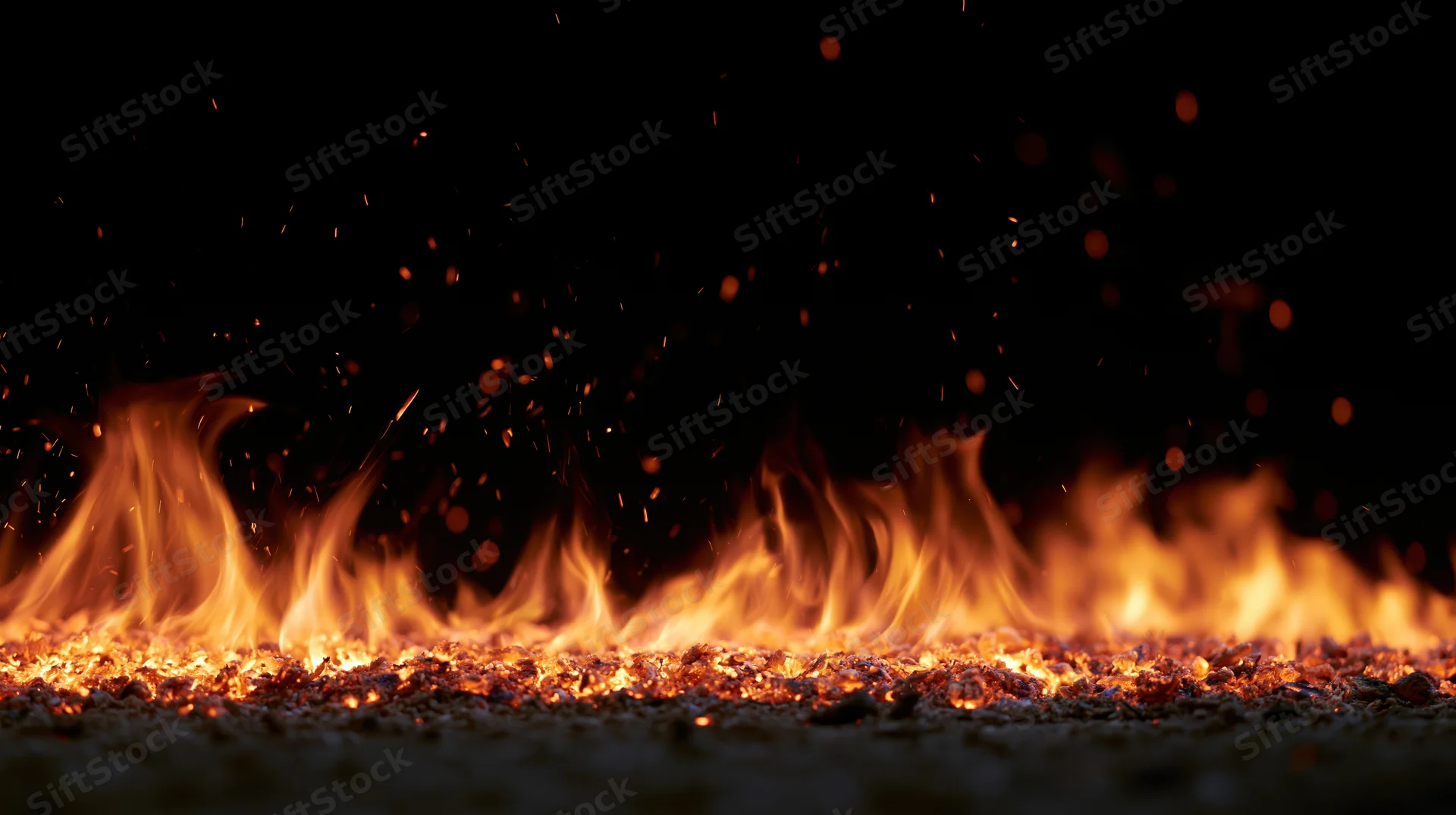 Horizontal line of intense flames burning across dark ground with flying sparks