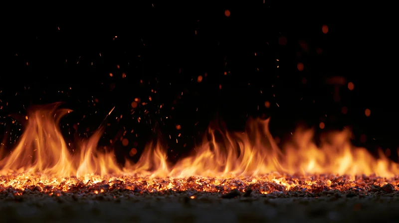 Horizontal line of intense flames burning across dark ground with flying sparks