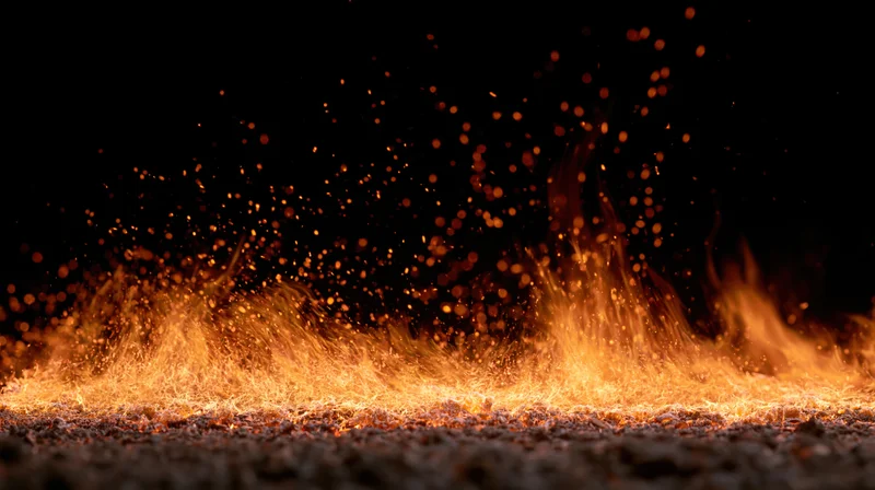 Horizontal line of intense flames burning across a dark ground with flying sparks