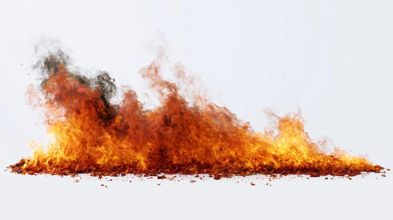 Horizontal spread of active fire flames isolated against a white background