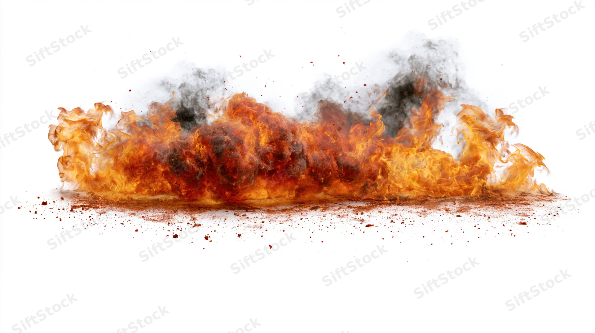 Horizontal spread of active fire flames isolated against a white background