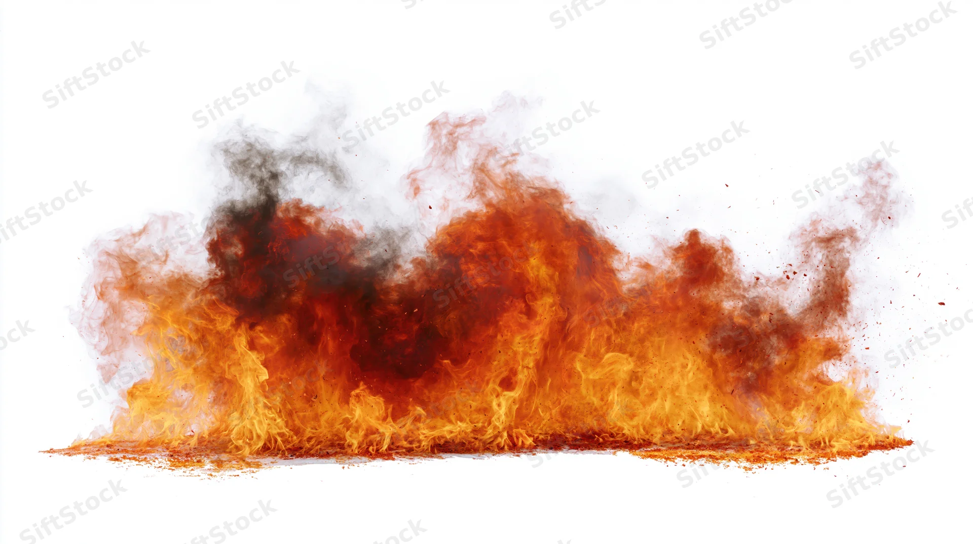 Horizontal spread of active fire flames isolated against a white background