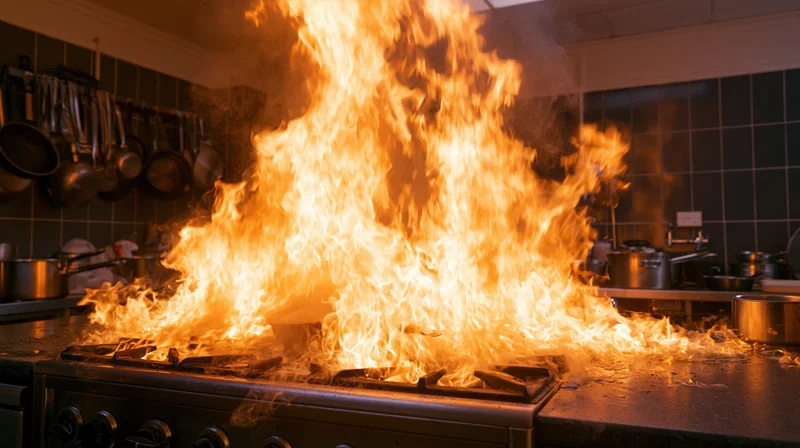 Large grease fire erupting from stove in commercial kitchen