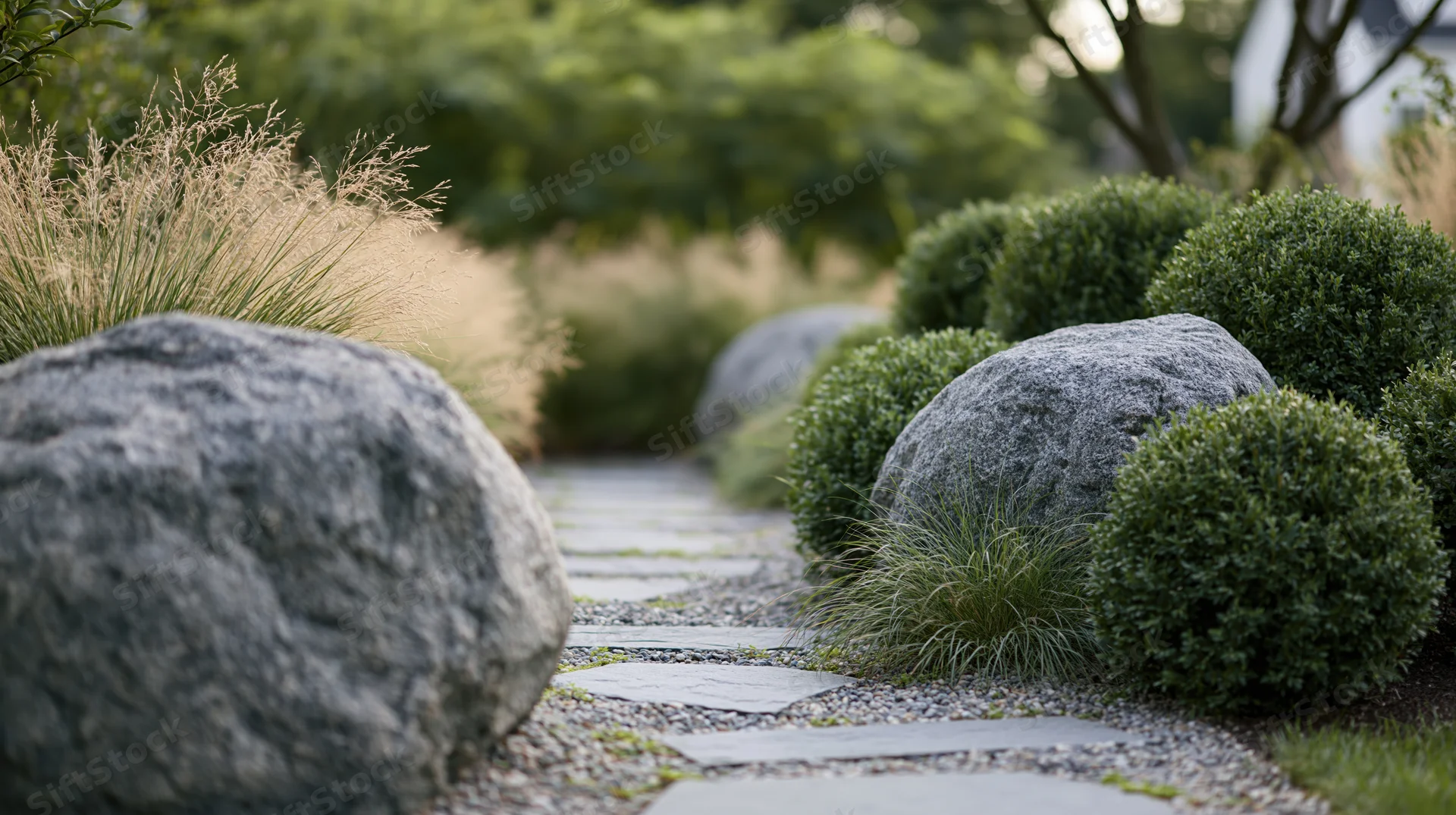 Stone path lined with large granite boulders and trimmed shrubs in a landscaped garden