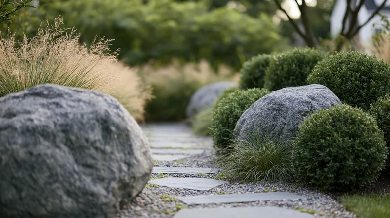 Stone path lined with large granite boulders and trimmed shrubs in a landscaped garden