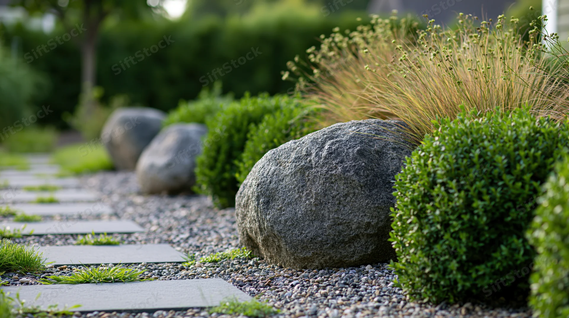 Landscaped garden path with granite boulders and shrubs along gravel border