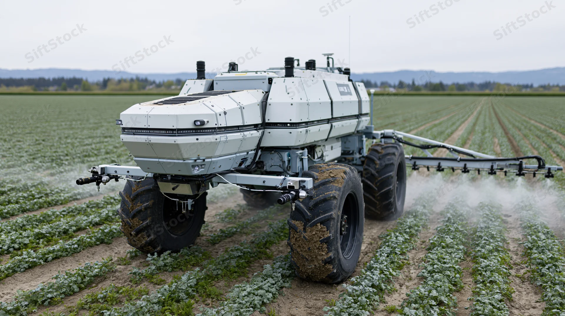 Autonomous agricultural sprayer tractor moving through a field of crops on an overcast day