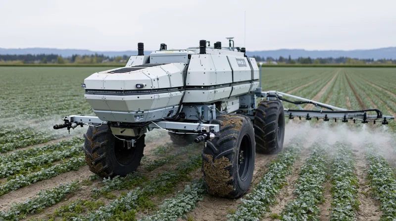 Autonomous agricultural sprayer tractor moving through a field of crops on an overcast day