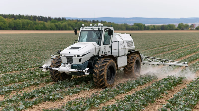 Autonomous agricultural sprayer tractor moving through a crop field spraying plants