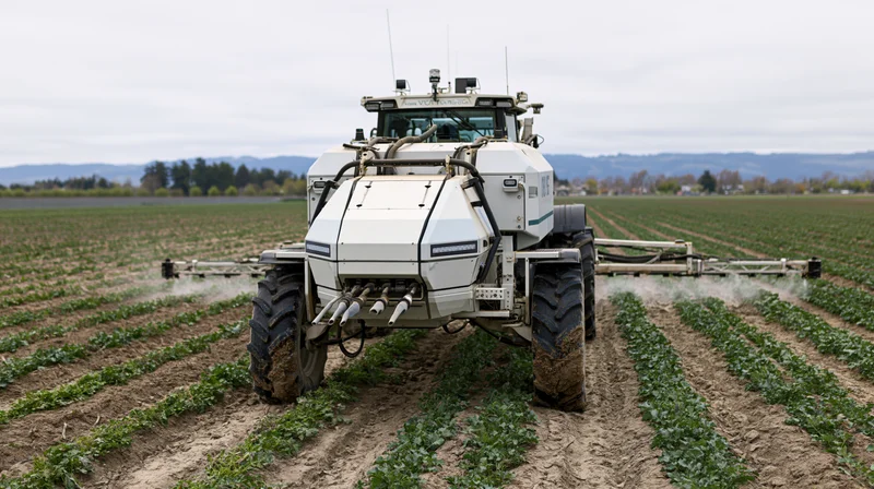 Autonomous tractor spraying crops in a field