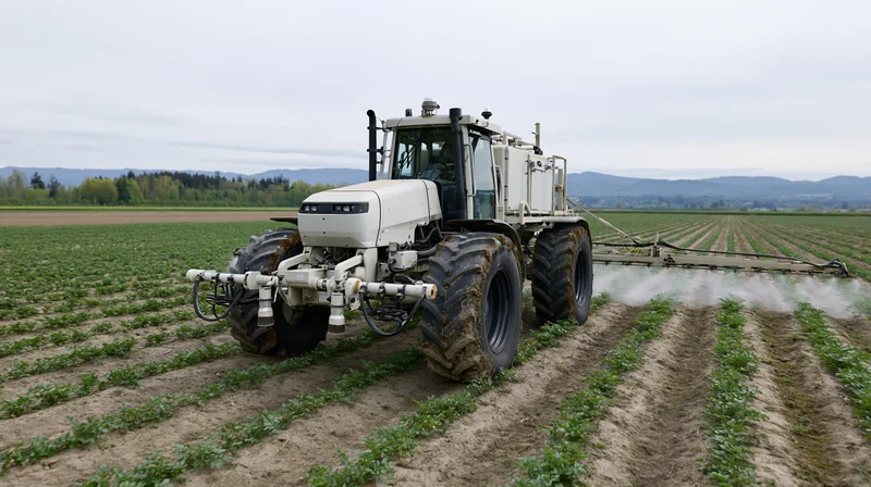 Autonomous tractor spraying crops in a field with rows of green plants under overcast sky