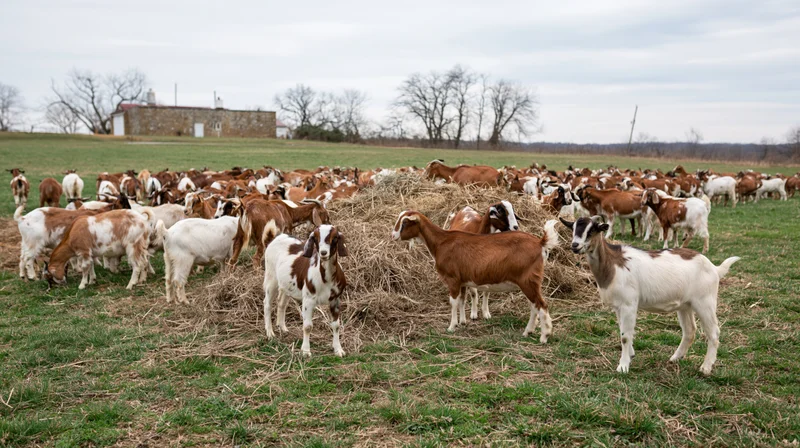 Large herd of brown and white goats grazing and feeding on hay in a grassy pasture near a stone barn