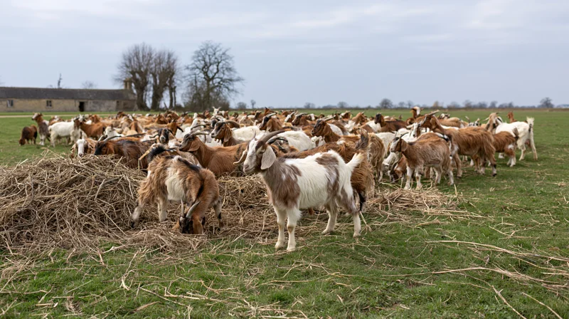 Large herd of brown and white goats grazing on hay in a green pasture near a barn