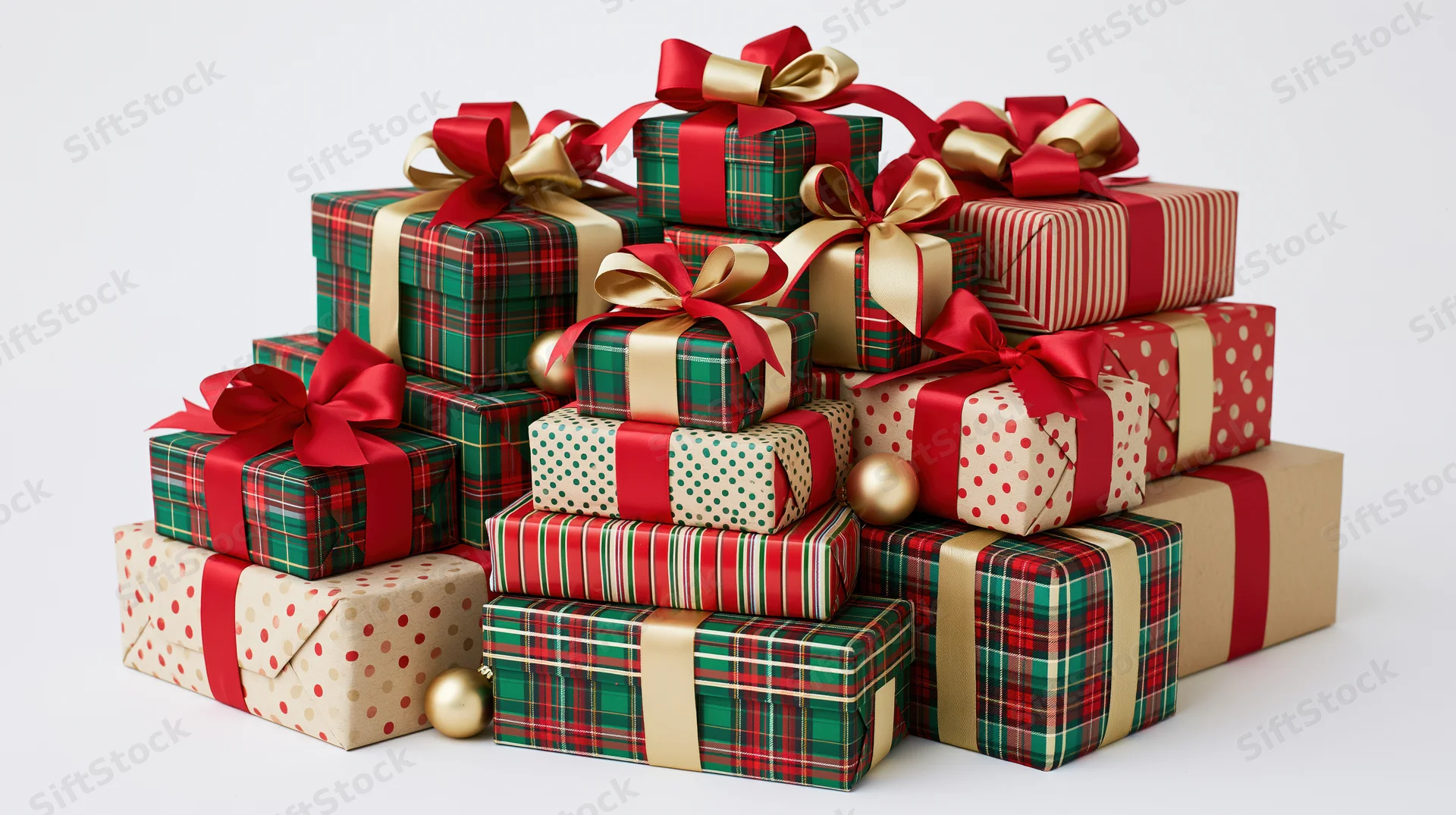 Pile of wrapped christmas gift boxes stacked together on white background
