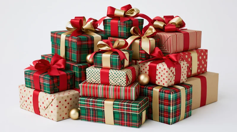 Pile of wrapped christmas gift boxes stacked together on white background