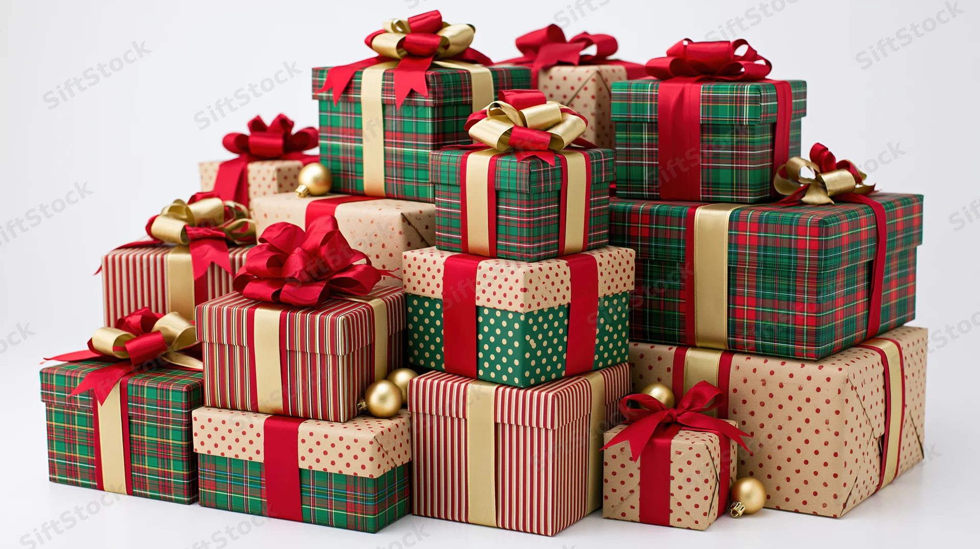 Pile of wrapped christmas gift boxes stacked together on white background