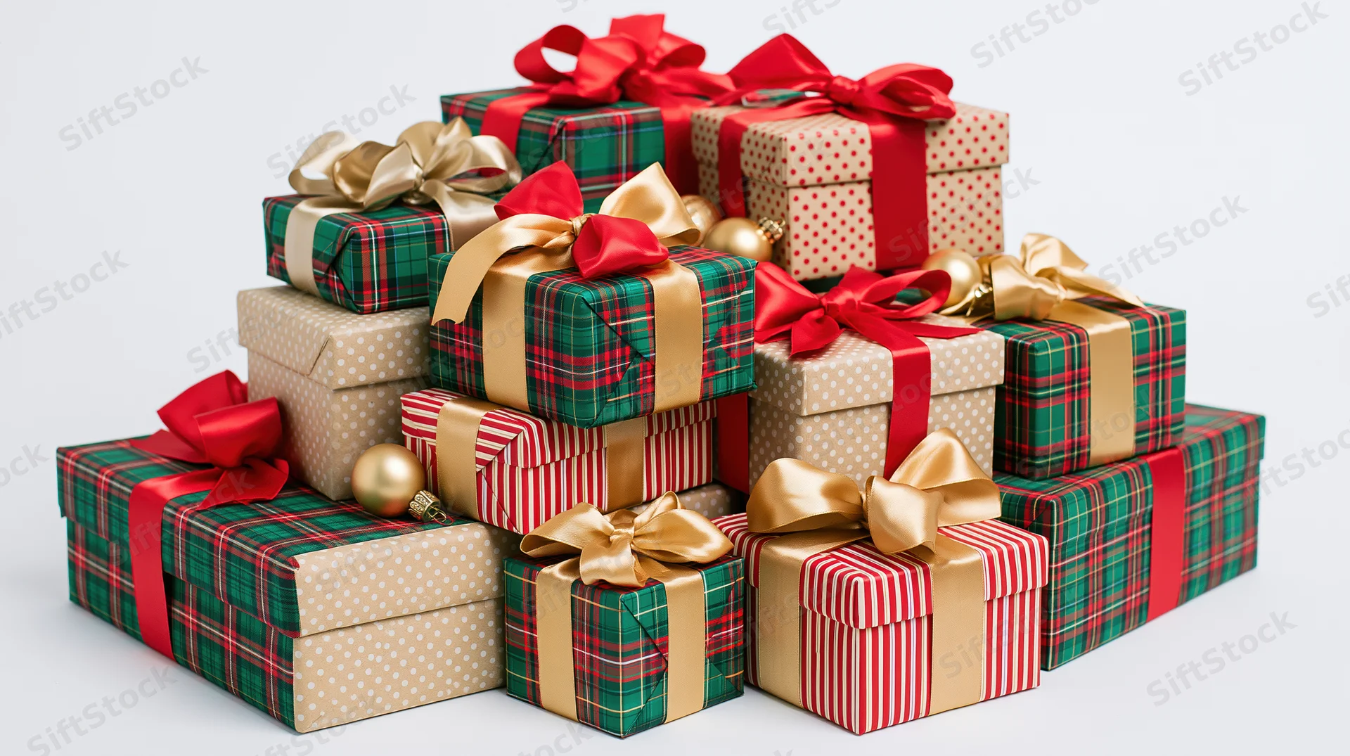 Pile of wrapped christmas gift boxes stacked together on white background