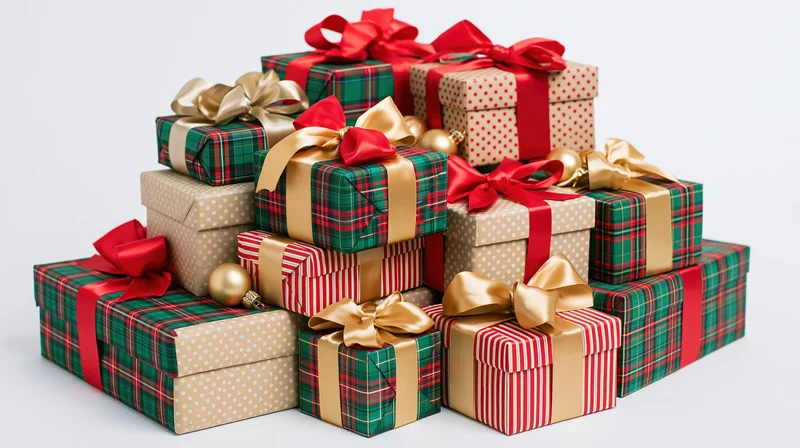 Pile of wrapped christmas gift boxes stacked together on white background