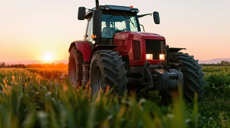 Red agricultural tractor moving through a green crop field at sunset