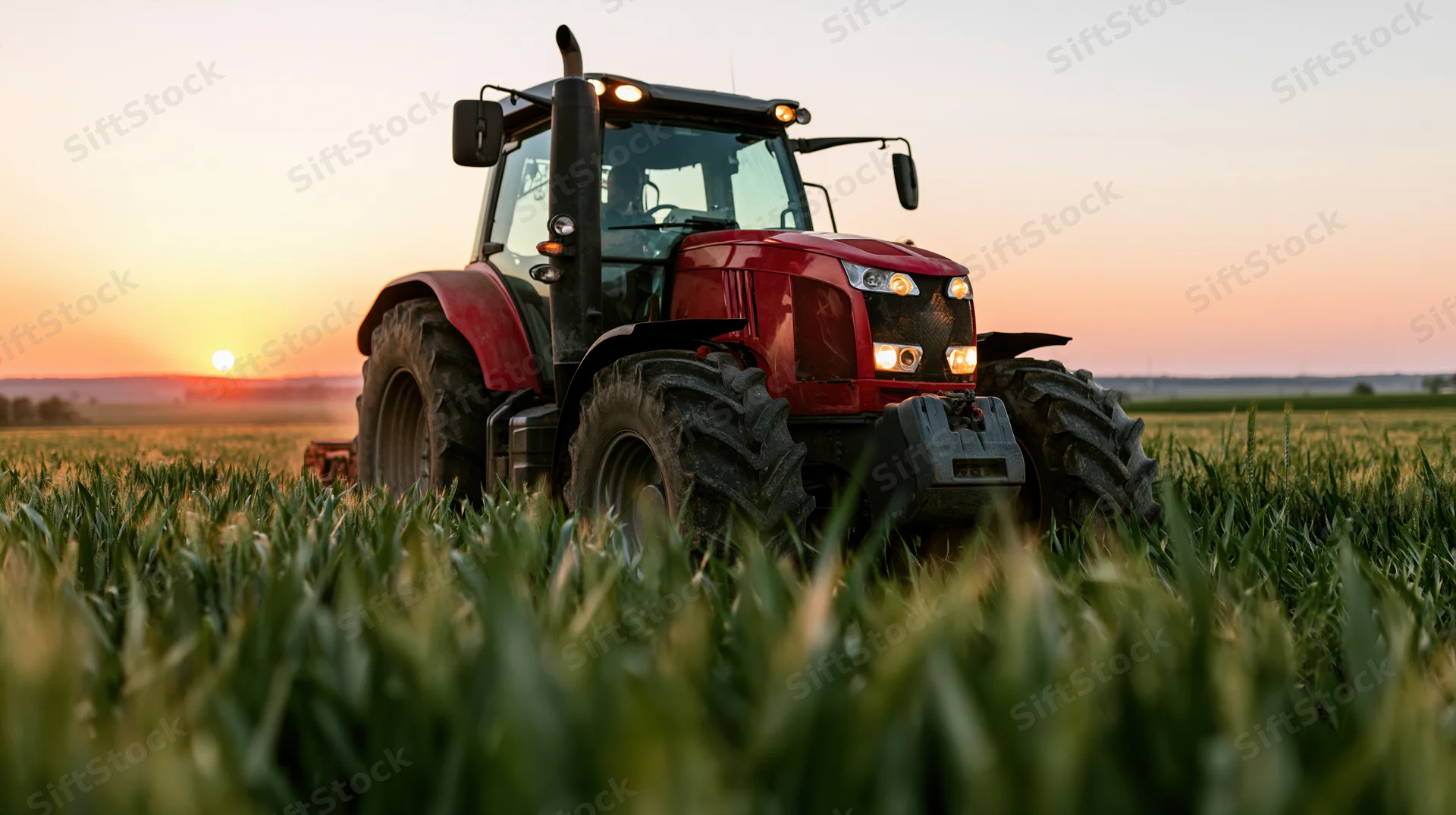 Red agricultural tractor moving through green crop field at sunset